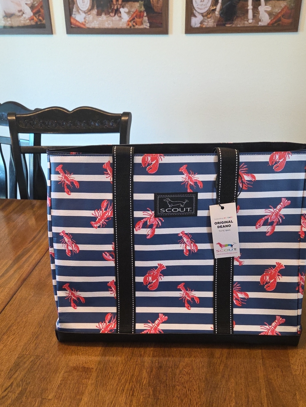Scout Navy and White Stripe Tote with Red Lobster Print